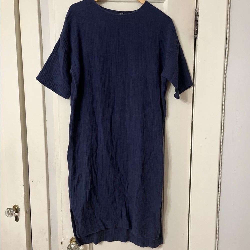 Relaxed Navy Midi Dress with Short Sleeves